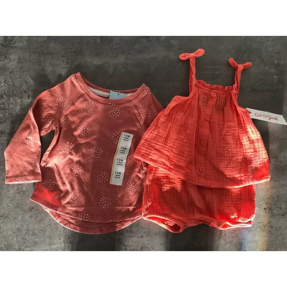 Cat & Jack Girls Bundle Long Sleeve Shirt and Coral Set- 12M